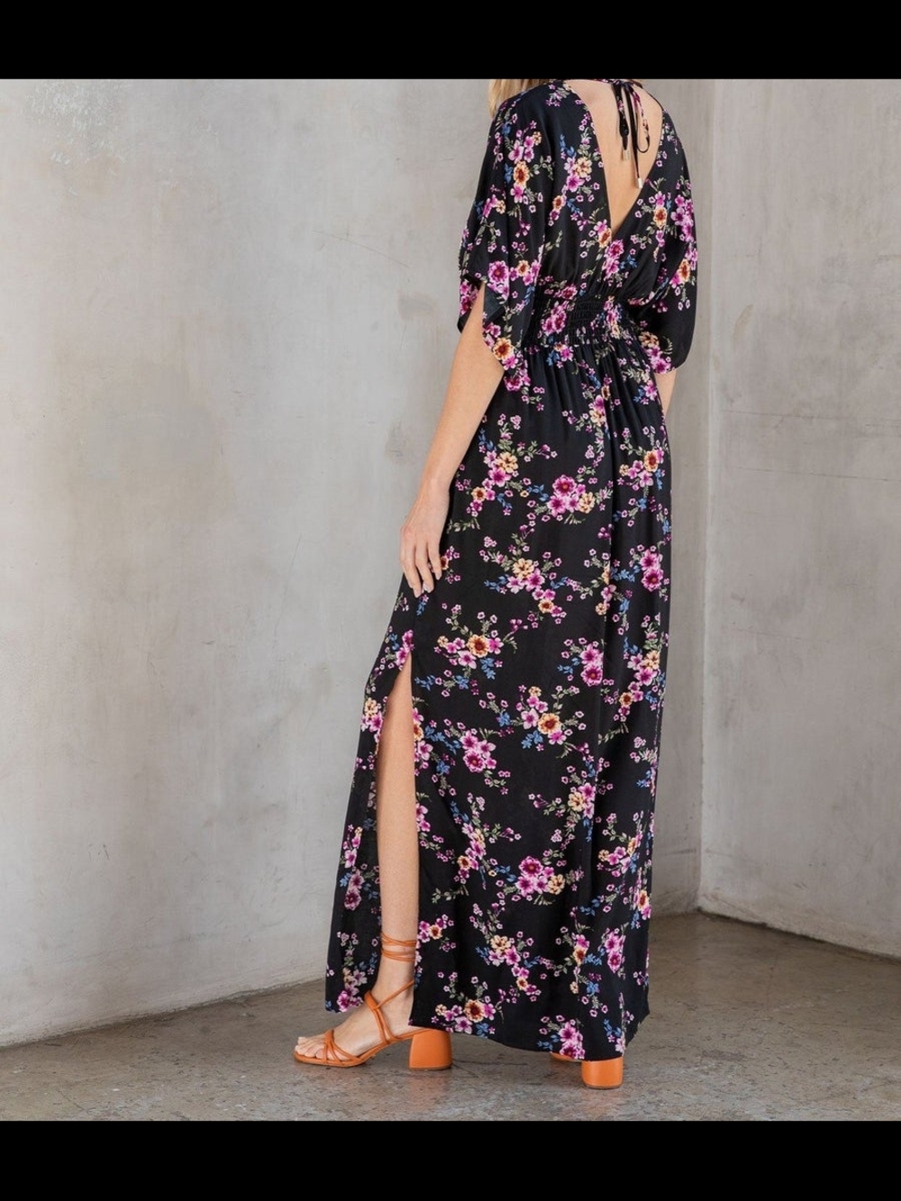 Getaway Kimono Sleeve Maxi Dress Black Maxi Dress Pink Floral Print Sz M/L NWT